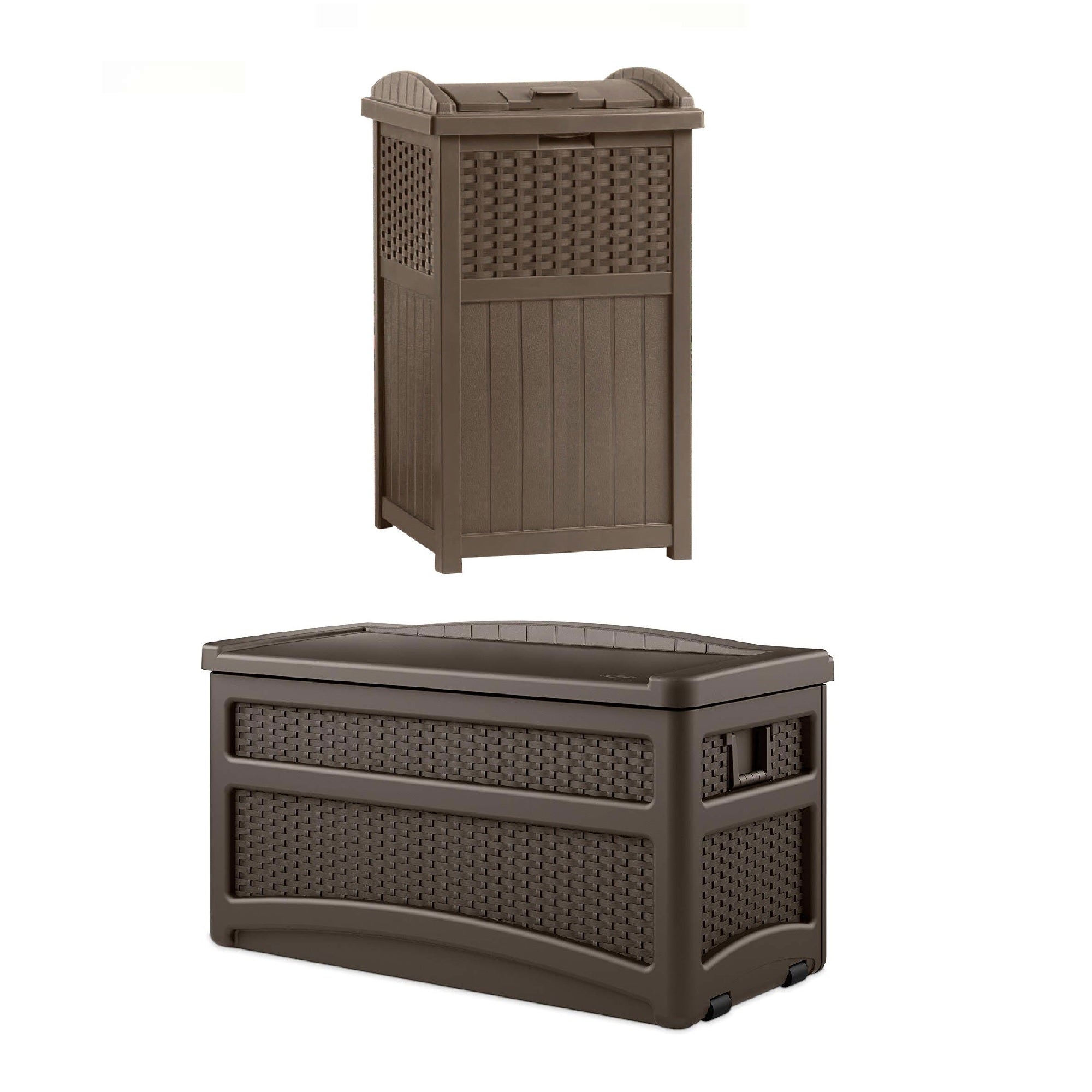 Suncast 73 Gallon Deck Box & Wicker Trash Hideaway Outdoor Garbage Bin, Java - VMInnovations