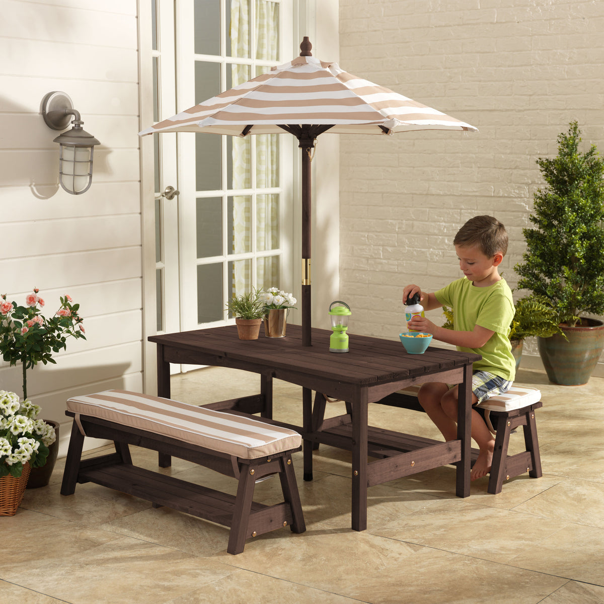 KidKraft Kids Wooden Picnic Table & Bench Set with Cushions & Umbrella (Used)