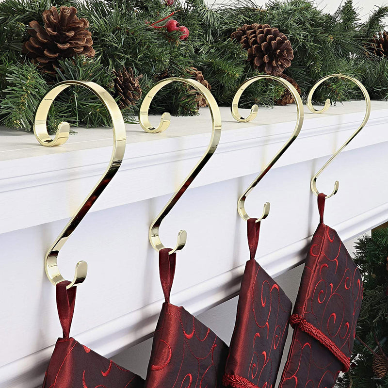 Haute Decor Stocking Scrolls Holiday Stocking Hanger Holder, Gold/Brass (4 Pack)