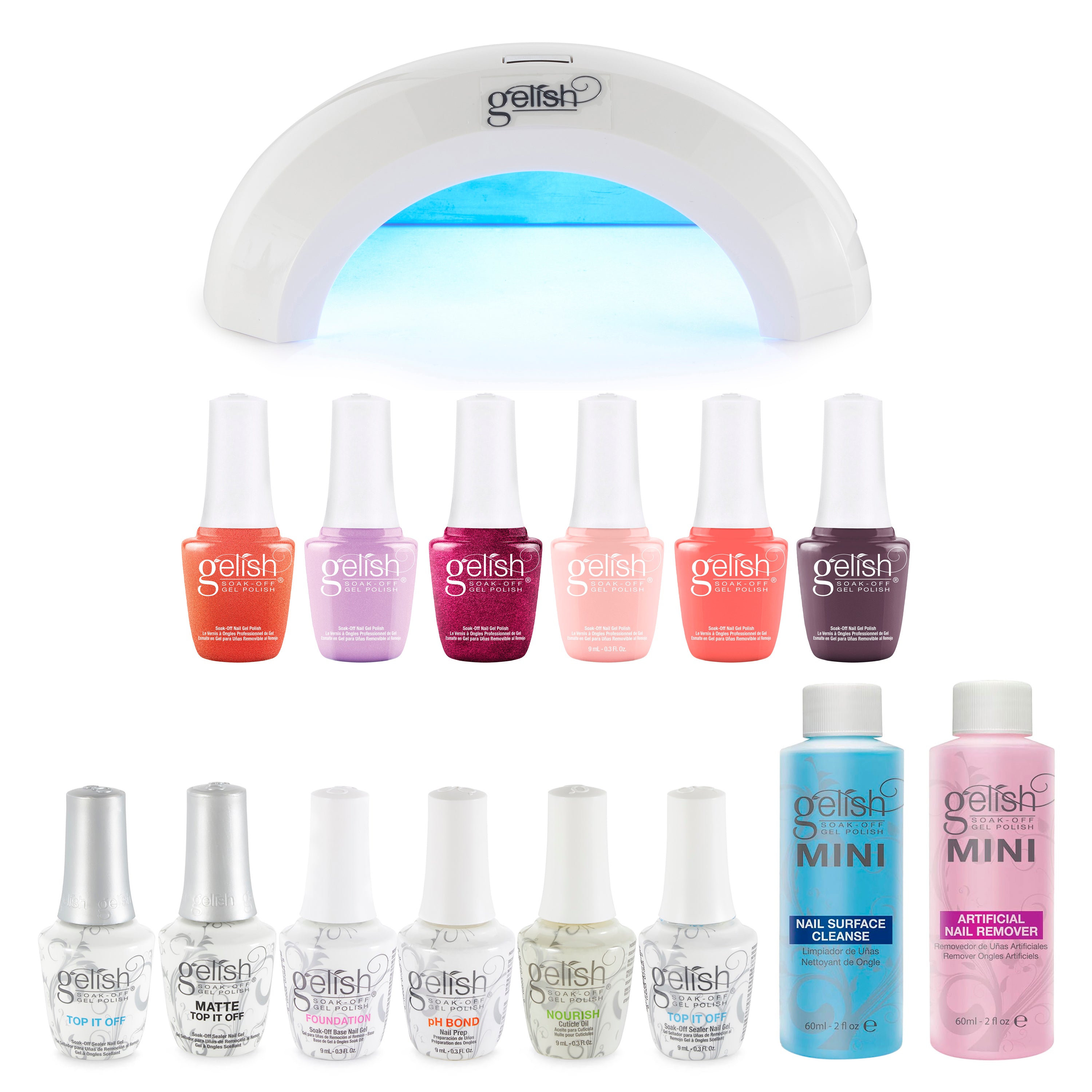 Gelish Nail Curing LED Lamp, Basix Polish Kit, Clear Top Coat Duo, & Sunrise Set