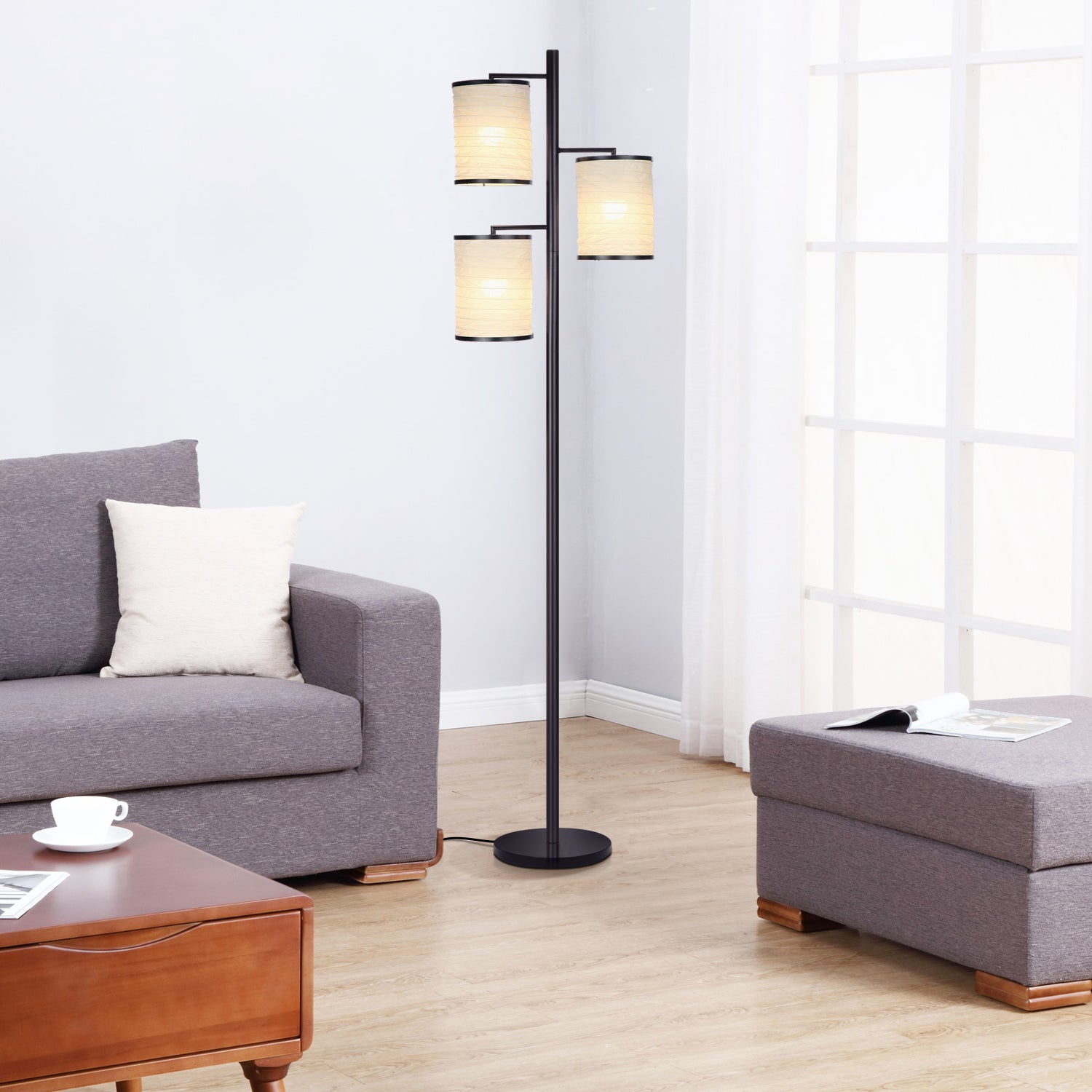 Brightech Liam Asian Lantern Shade Tree LED Floor Lamp Light, Black (For Parts) - VMInnovations