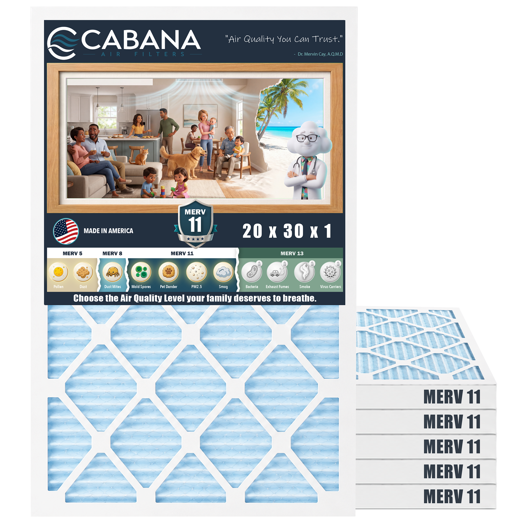 Cabana Air Filters 6 Pack HVAC Furnace Air Filters, MERV 11, 20 x 30 x 1, White - VMInnovations