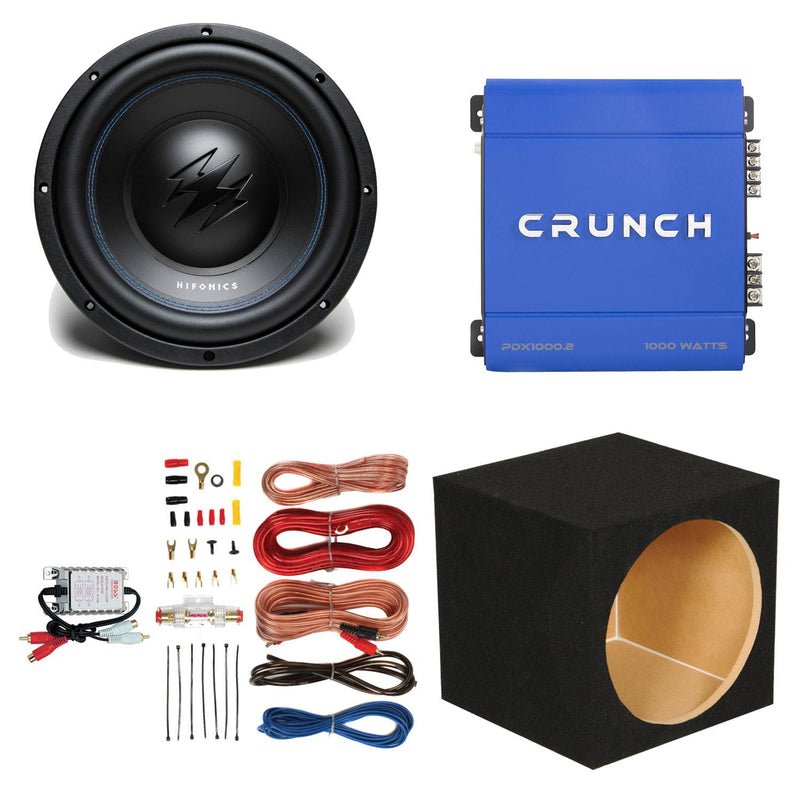 Hifonics 10 Inch Subwoofer + Crunch Amp + Q-POWER Enclosure and Installation Kit
