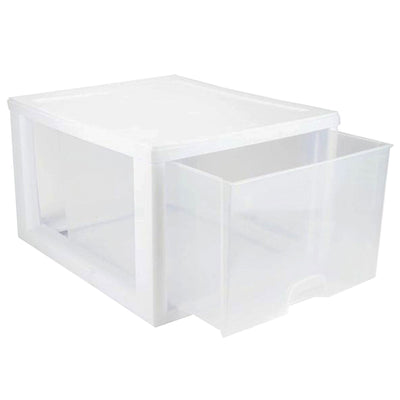 Sterilite 27 Quart Clear & White Plastic Storage Bin with One Drawer, 8 Pack