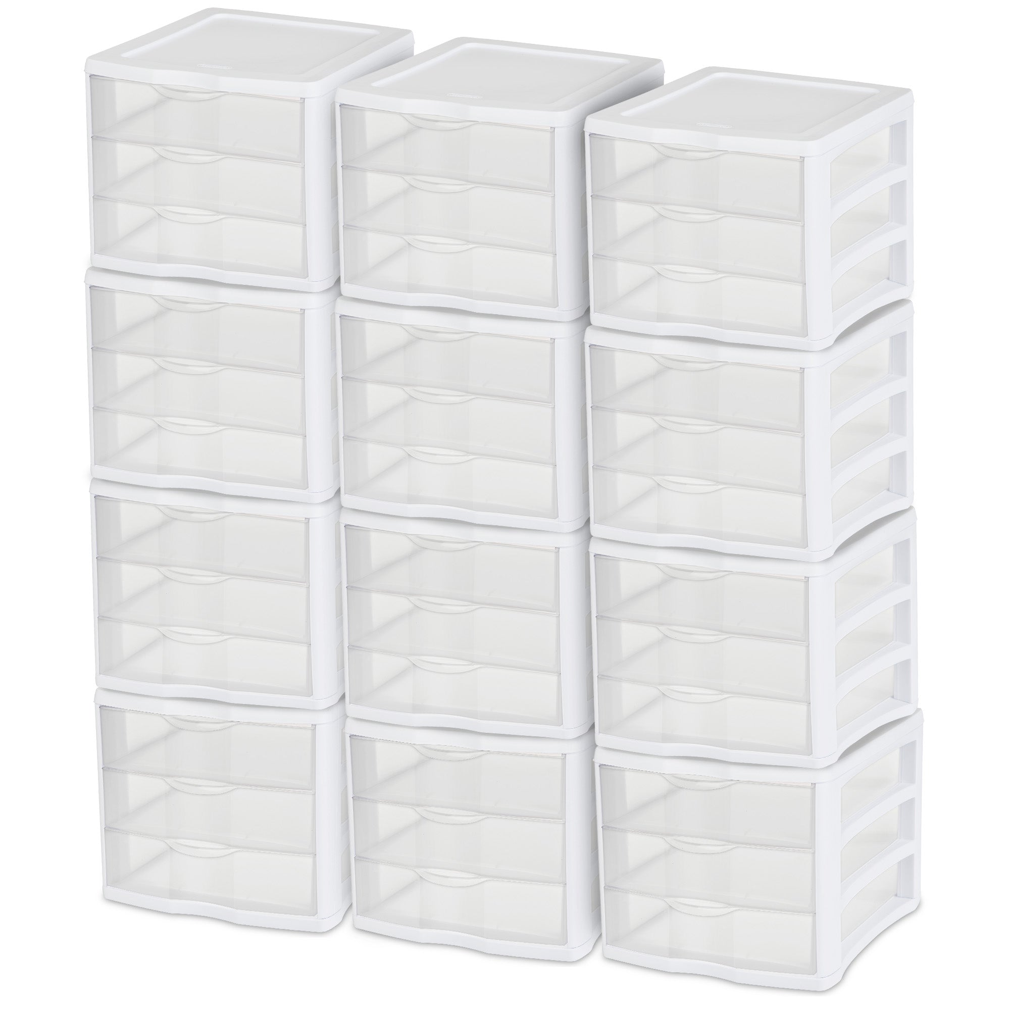 Sterilite ClearView Compact Stacking 3 Drawer Storage Organizer System, 12 Pack