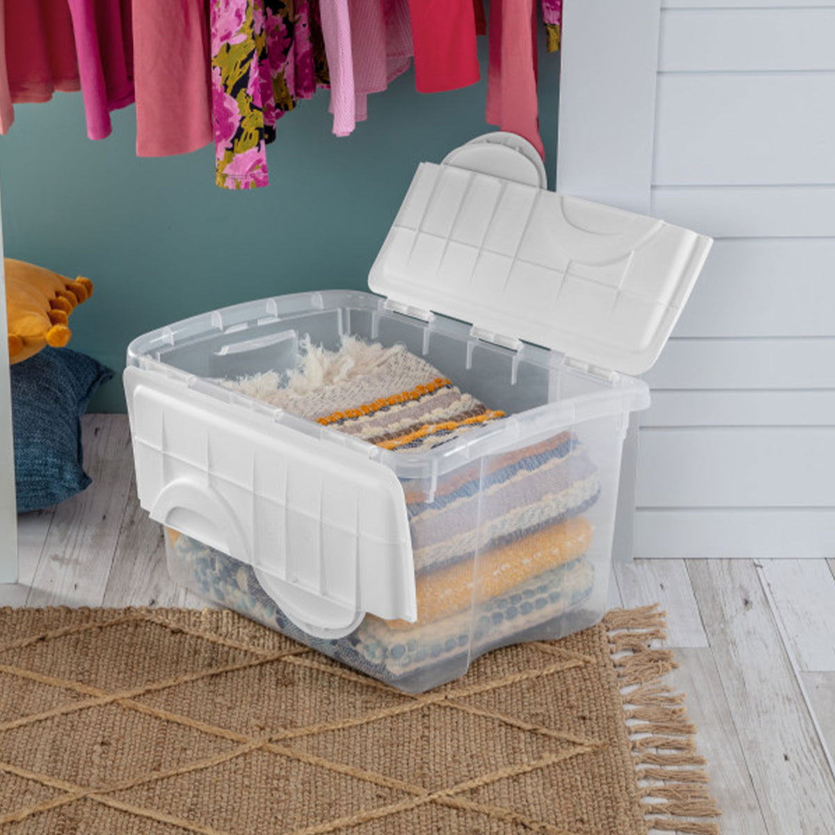 Sterilite 48 Qt Hinged Lid Storage Box Plastic Stackable Bin with Lid, 12 Pack