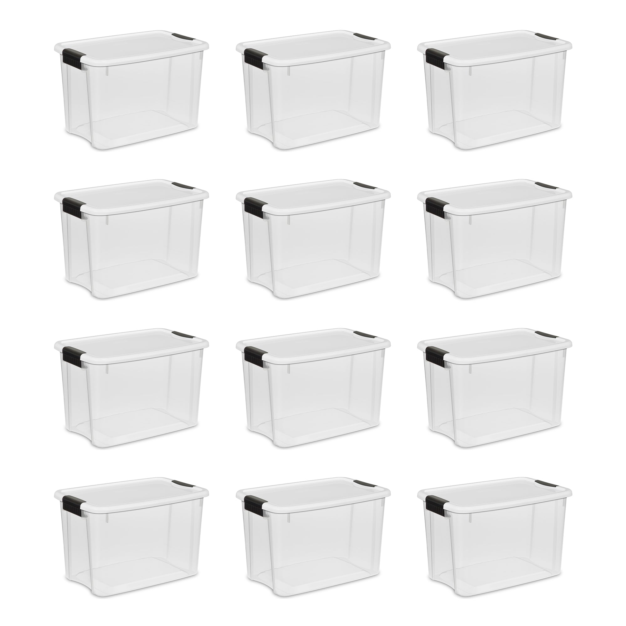 Sterilite 30 Qt Clear Plastic Stackable Storage Bin w/White Latch Lid, (12 Pack)