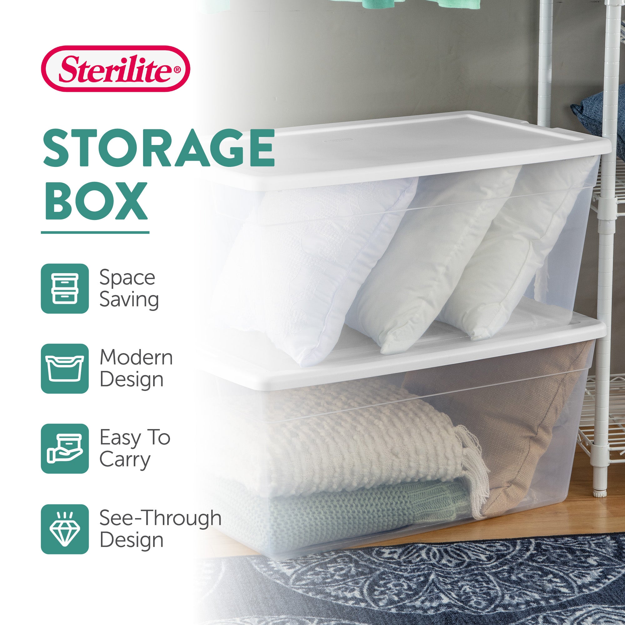 Sterilite 90 Quart Storage Box Container with Clear Base & White Lid, (12 Pack)