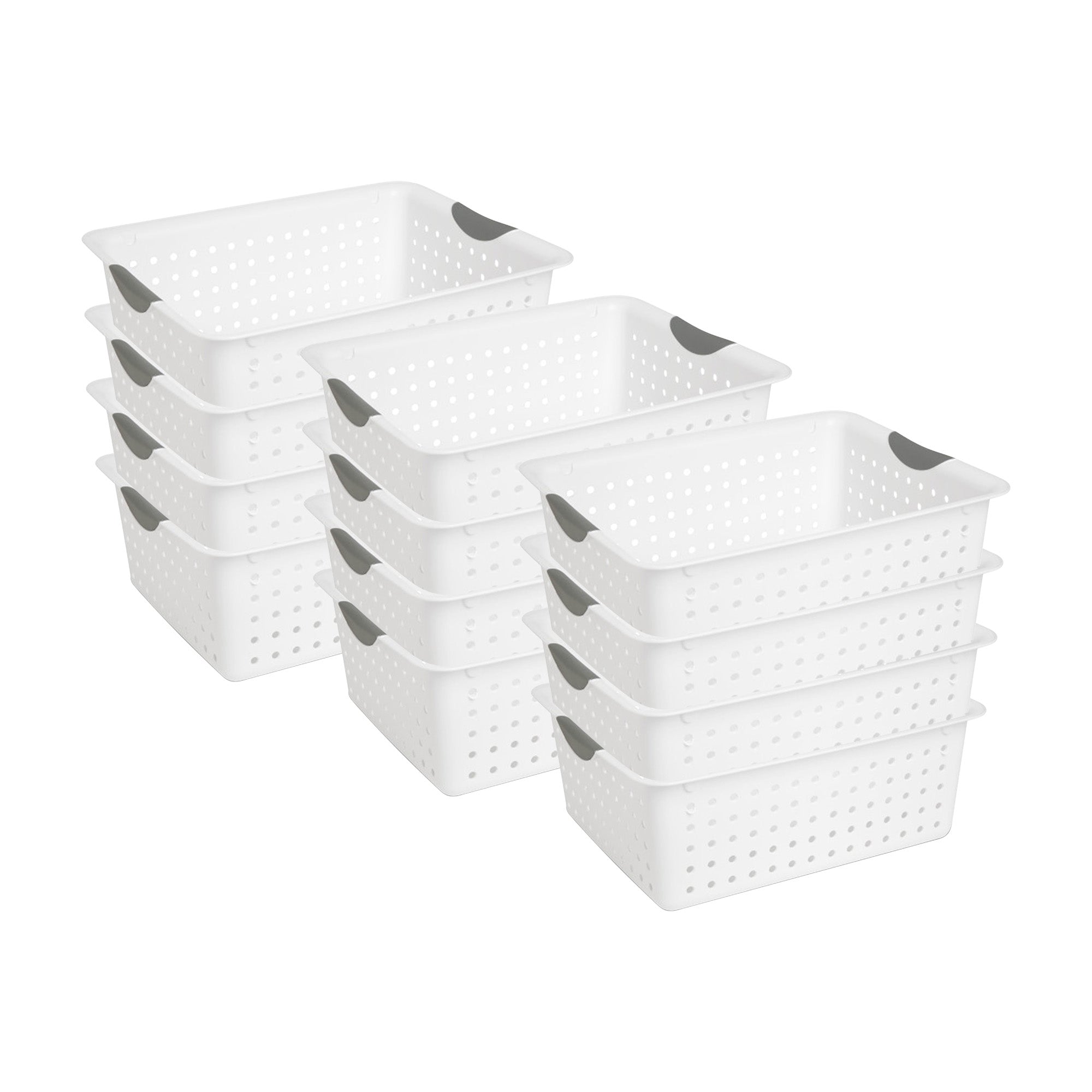 Sterilite Large Ultra Plastic Storage Bin Baskets with Handles, White, 12 Pack