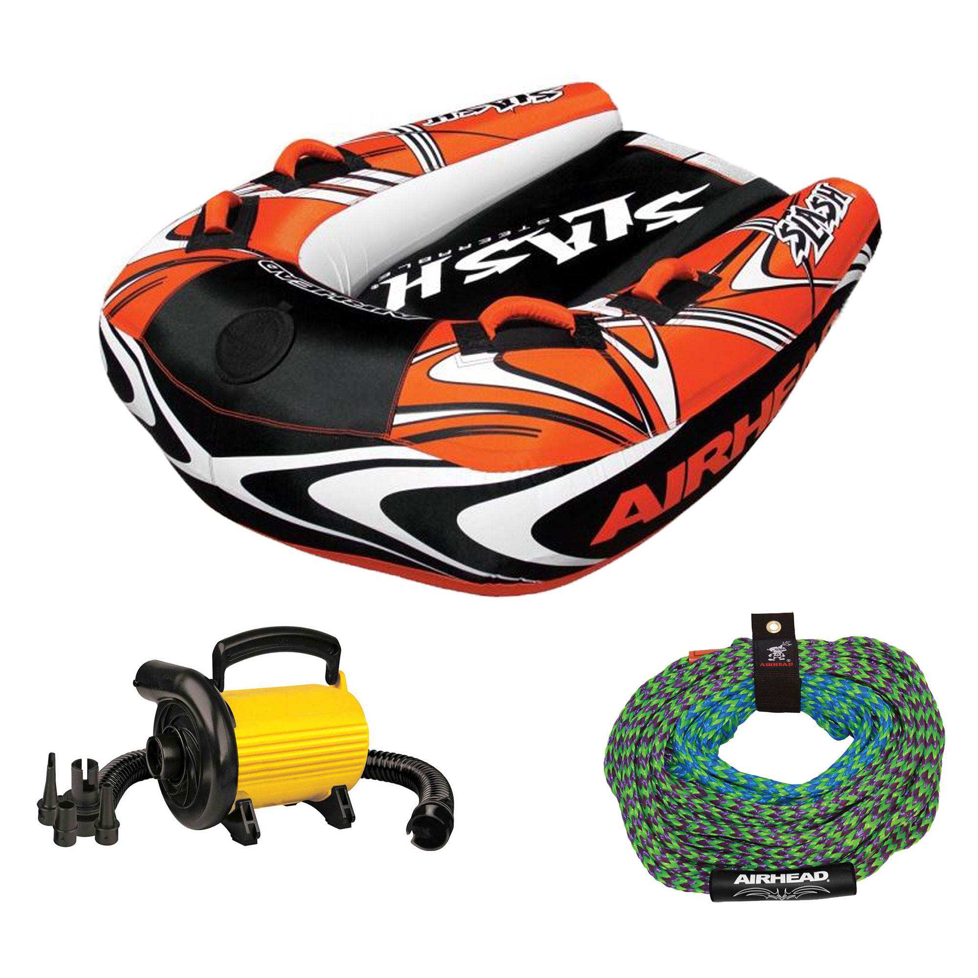 Airhead Slash II Inflatable Boat Towable Tube w/ 2 Section Tow Rope and Pump