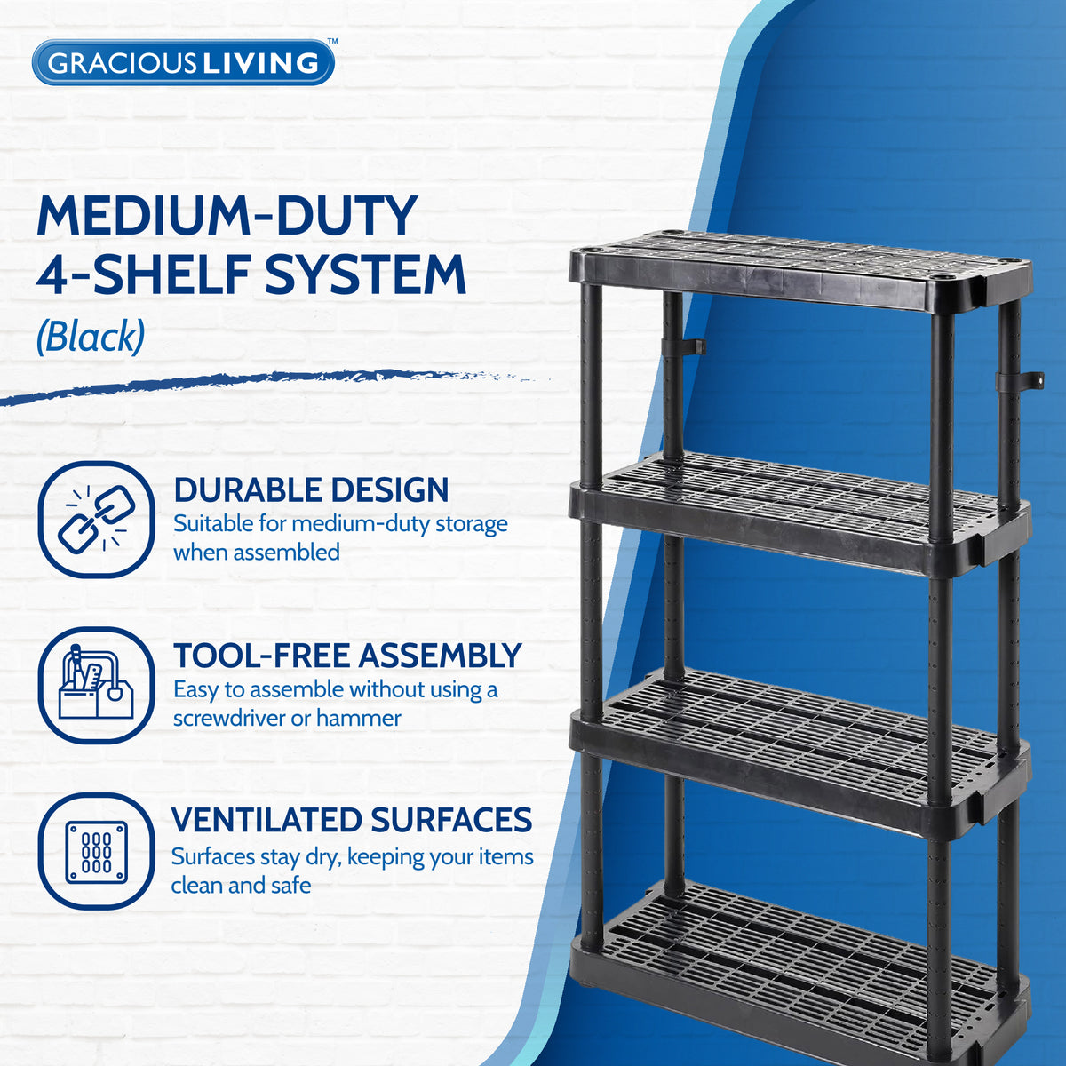 Gracious Living 4 Shelf Adjustable Height Ventilated Medium Duty Storage, Black