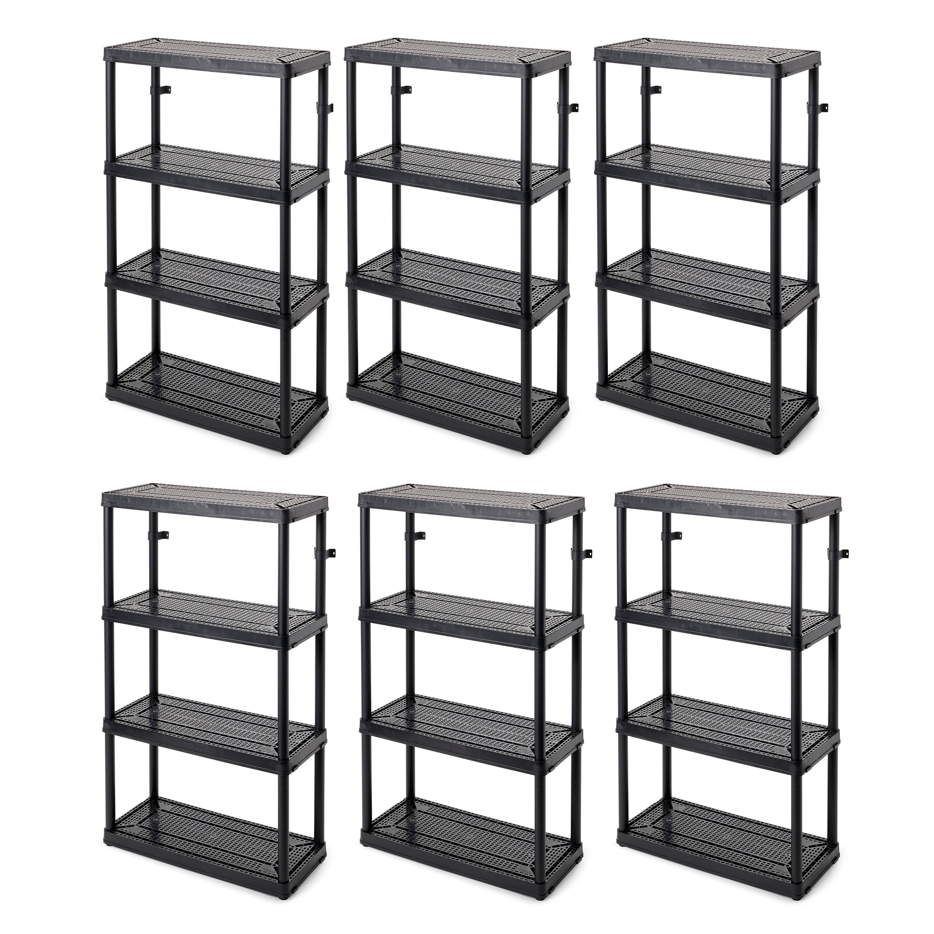 Gracious Living 4 Shelf Medium Resin Indoor Garage Storage Shelf, Black (6 Pack)