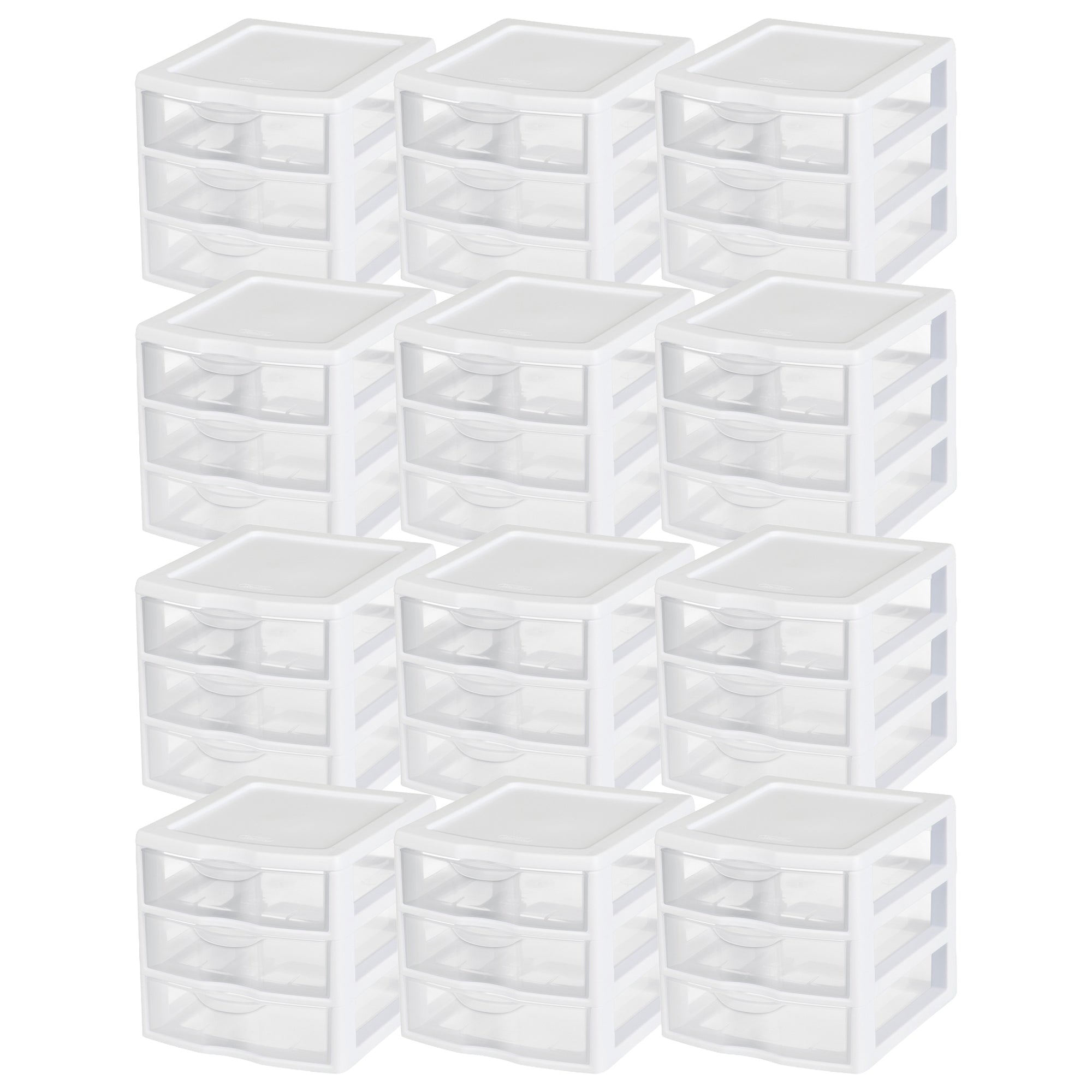 Sterilite ClearView Plastic Small 3 Drawer Desktop Storage Unit, White, 12 Pack