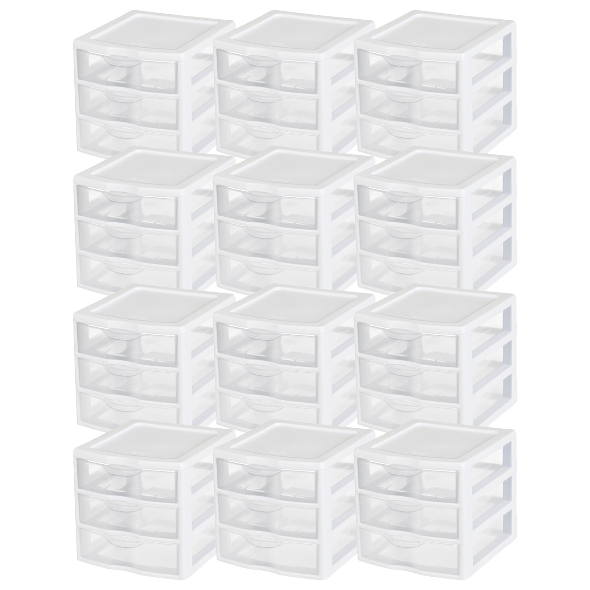 Sterilite ClearView Plastic Small 3 Drawer Desktop Storage Unit, White, 12 Pack