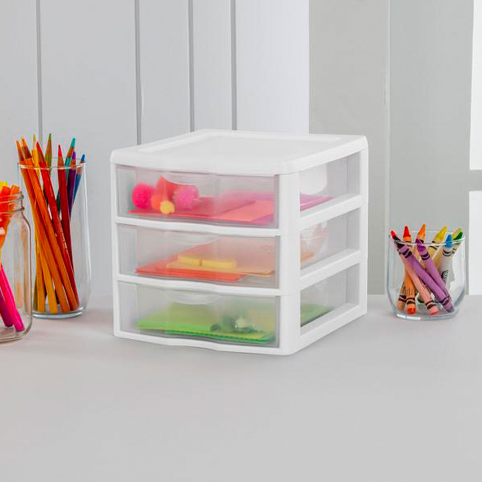 Sterilite ClearView Plastic Small 3 Drawer Desktop Storage Unit, White, 6 Pack - VMInnovations