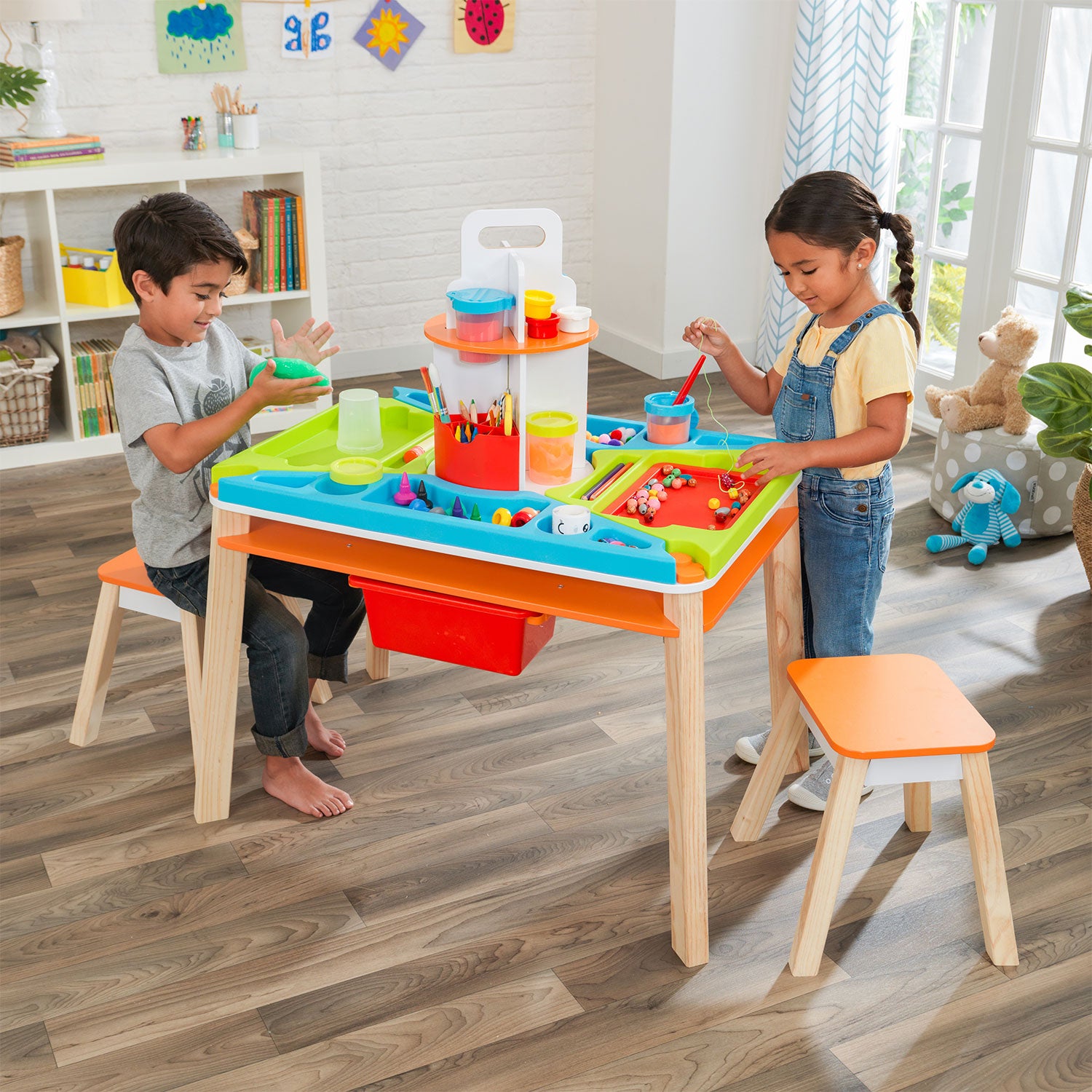 KidKraft Creation Station Kids Art Table w/ Four Stations, Two Stools (Open Box)