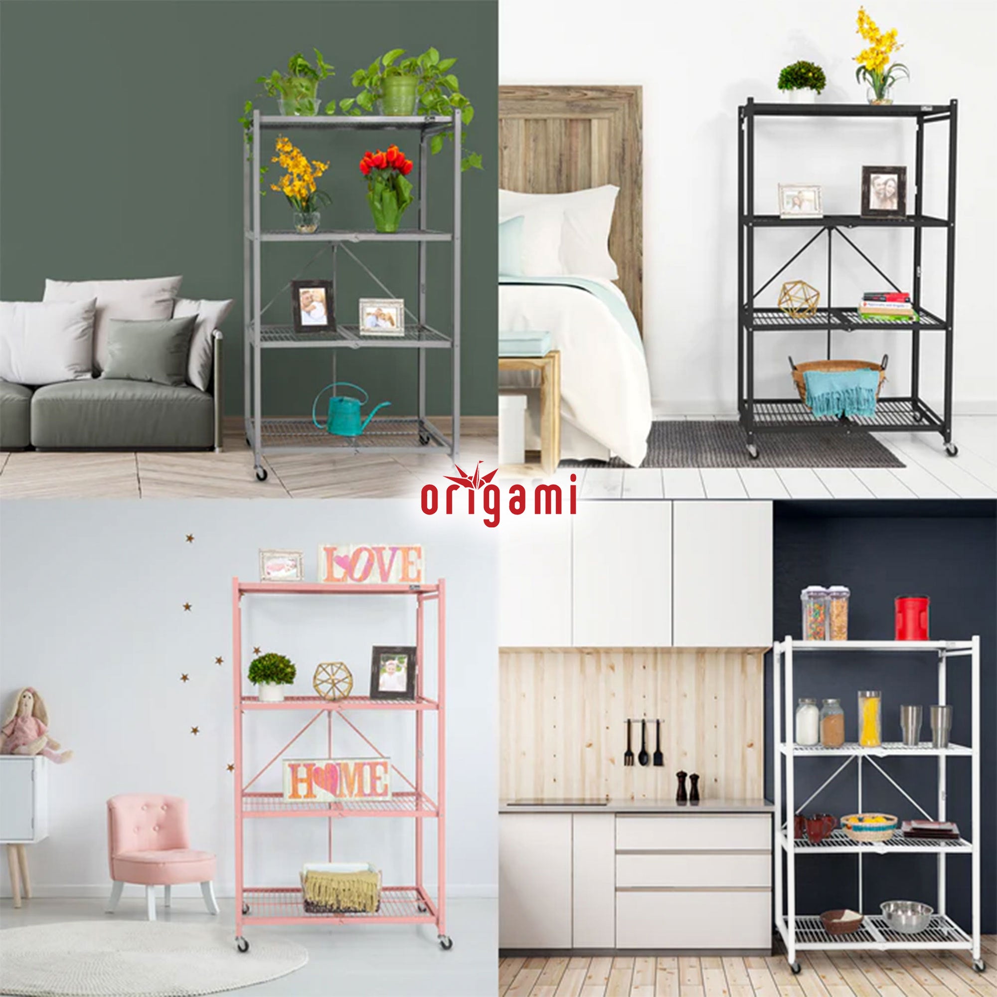 Origami R5 4 Tier Multipurpose Folding Storage Organizing Rack & R3 3 Tier Shelf