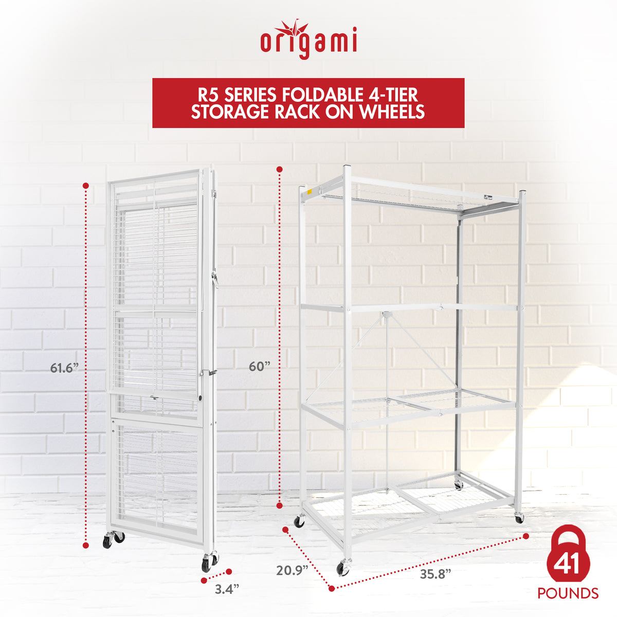 Origami 4 Tier Heavy Duty Multi Purpose Storage Rack w/ Wheels, White (2 Pack)
