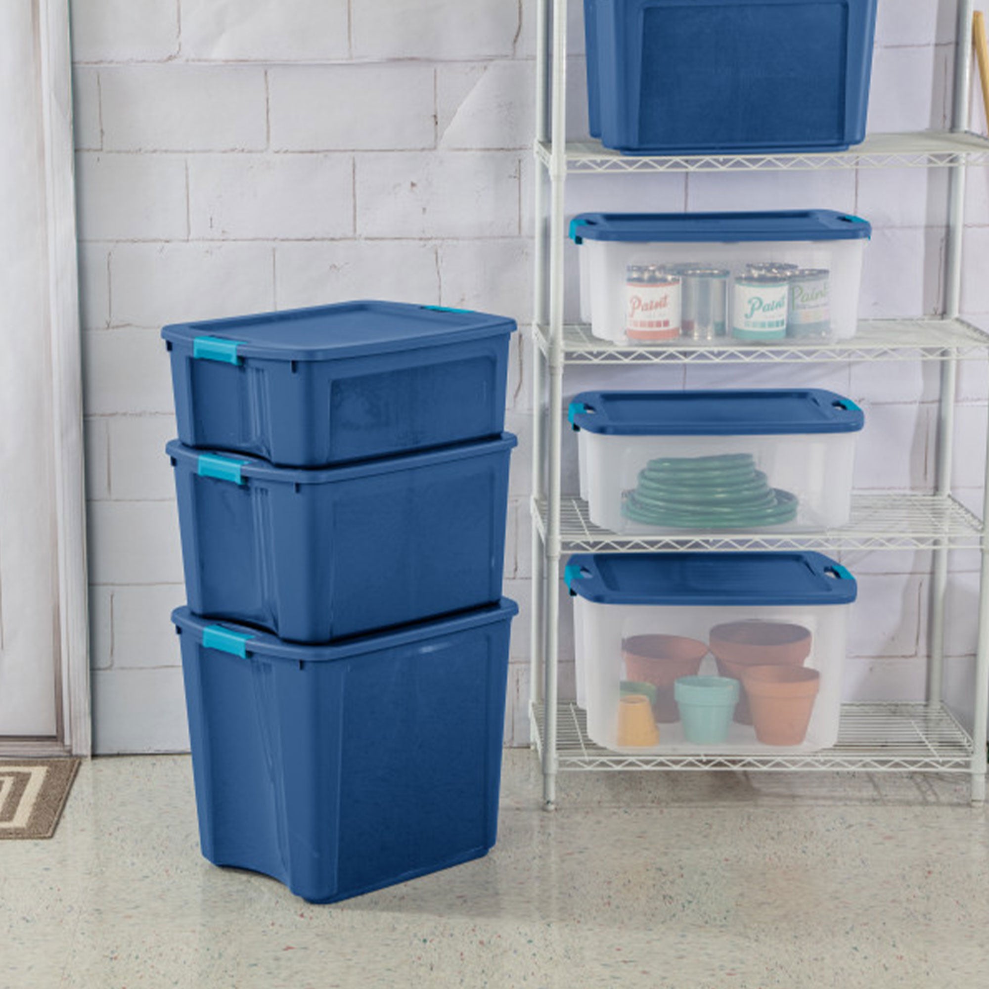 Sterilite 18 Gal Latch and Carry, Stackable Storage Bin w/ Latching Lid, 12 Pack - VMInnovations