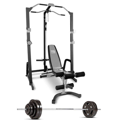 Marcy Home Gym Fitness Deluxe Cage System with Bench and 160 lb. Weight Set