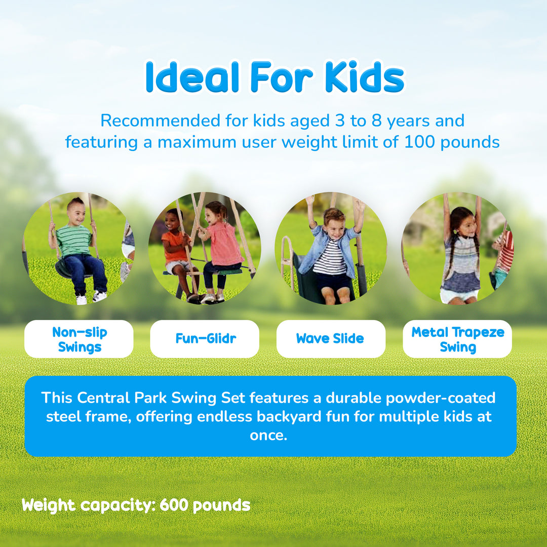XDP Recreation Outdoor Central Park Swing Set w/ Slide, Glider, & Trapeze, Green - VMInnovations