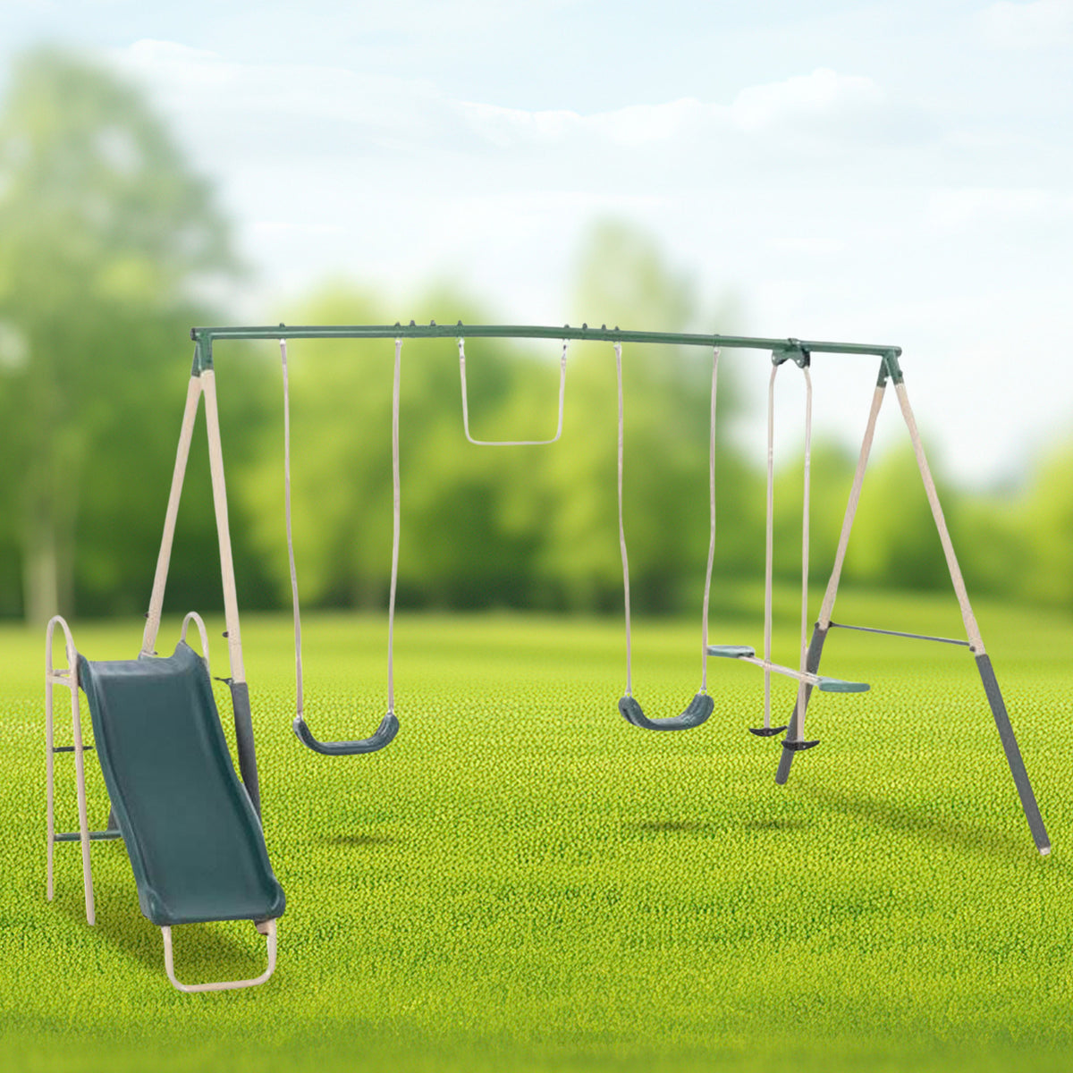 XDP Recreation Outdoor Central Park Swing Set with Slide and Triple Fun Go Round