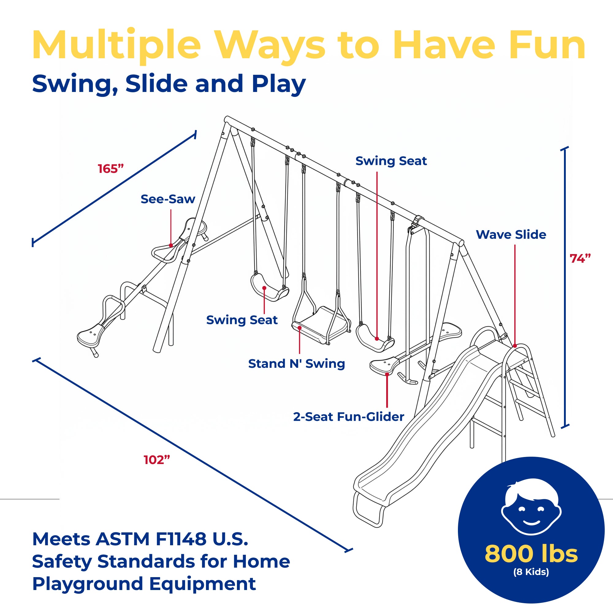 XDP Recreation Crestview Outdoor Swing Set w/ Slide, Glider, 3 Swings, & See Saw