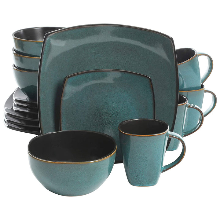 Gibson Elite Soho Lounge 16 Piece Plates, Bowls, & Mugs Dinnerware Set, Teal - VMInnovations