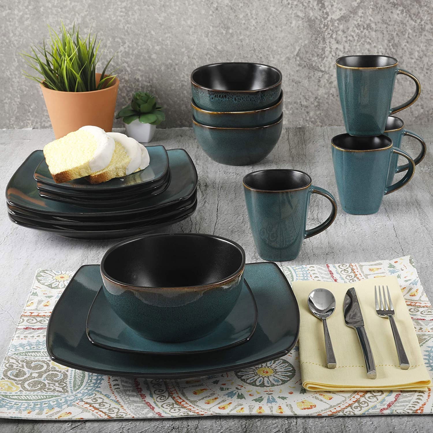 Gibson Elite Soho 16 Piece Plates, Bowls, & Mugs Dinnerware Set, Teal(For Parts)