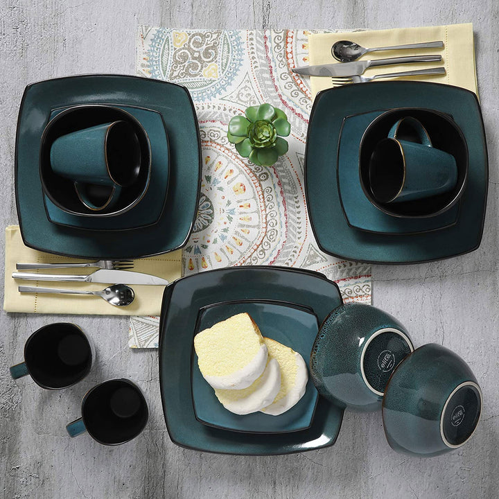 Gibson Elite Soho Lounge 16 Piece Plates, Bowls, & Mugs Dinnerware Set, Teal - VMInnovations