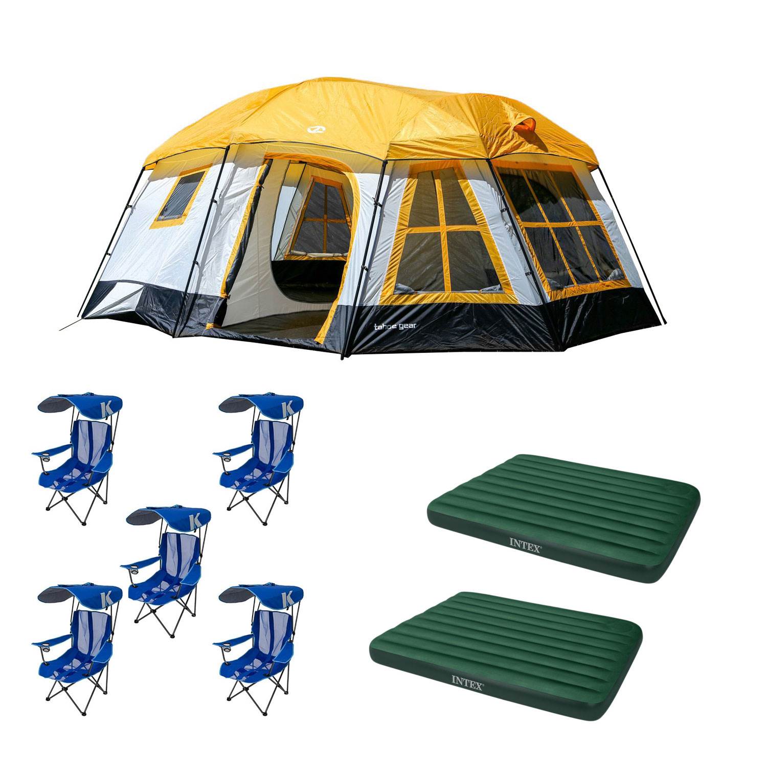 Tahoe Gear Tent + Kelsyus Lawn Chair (5 Pack) + Intex Camping Mattress (2 Pack)