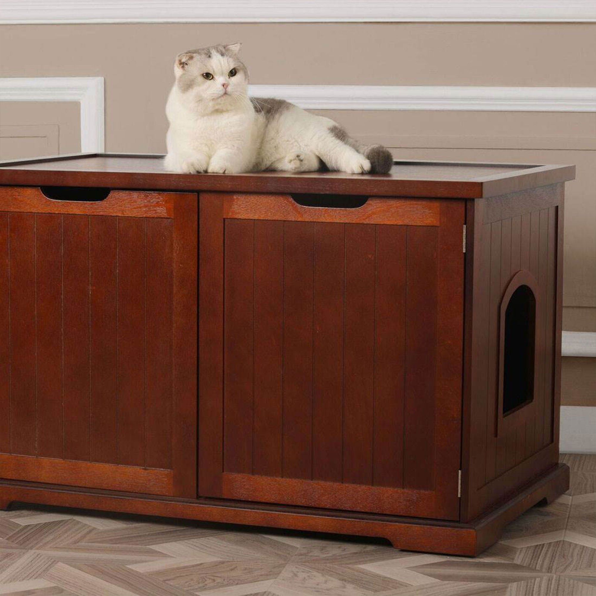 Merry Decorative Bench with Enclosed Cat Litter Washroom Box, Walnut (Used) - VMInnovations