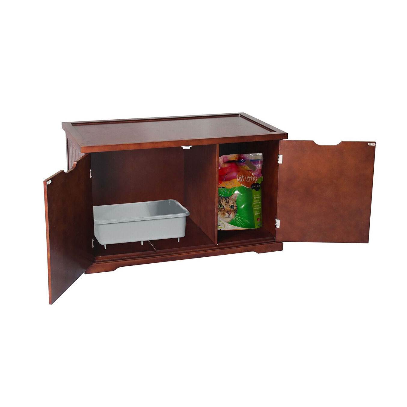 Merry Products Cat Washroom Bench w/Removable Partition Wall, Walnut (2 Pack)