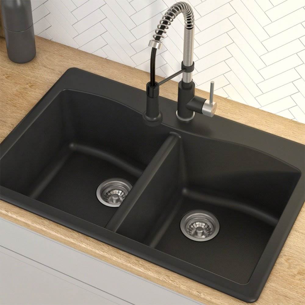 Kraus Forteza 33 Inch Dual Mount 50/50 Double Bowl Granite Sink,Black (Open Box)