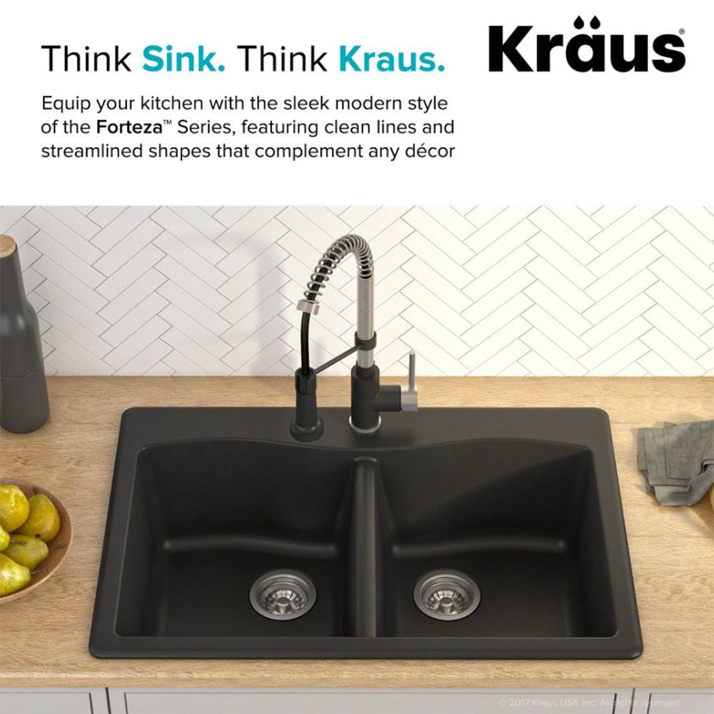 Kraus Forteza 33 Inch Dual Mount 50/50 Double Bowl Granite Sink,Black (Open Box)