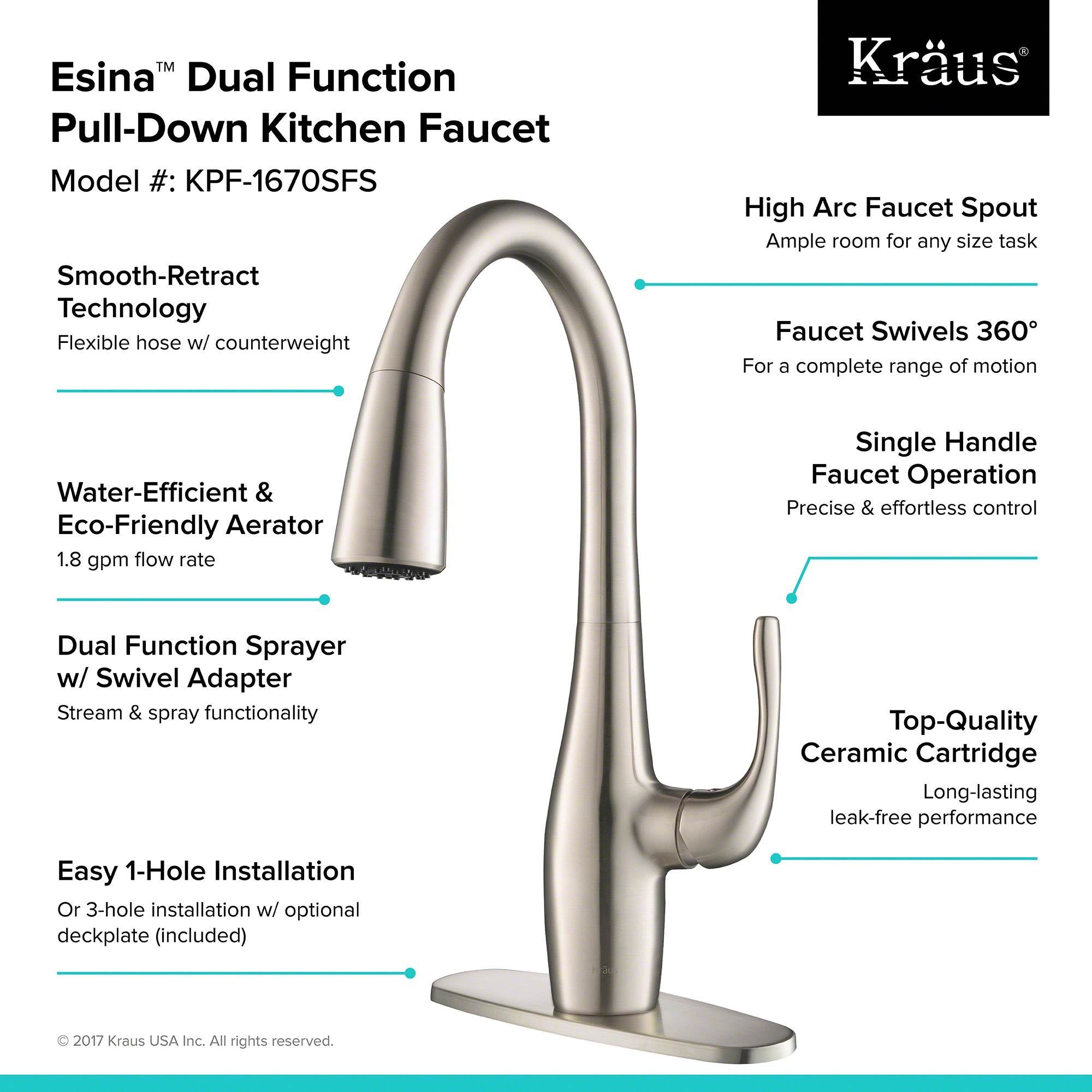 Kraus Esina Single Handle Pull Down Stainless Steel Dual Function Faucet, Silver