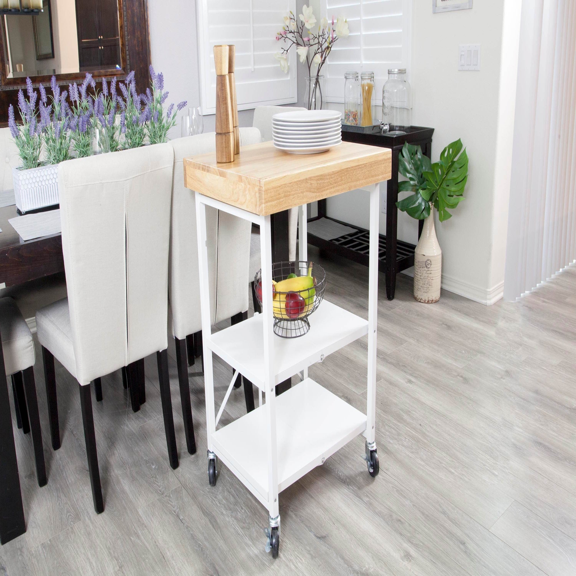 Origami Foldable Wheeled Solid Wood Top Kitchen Island Bar Cart, White (Used) - VMInnovations