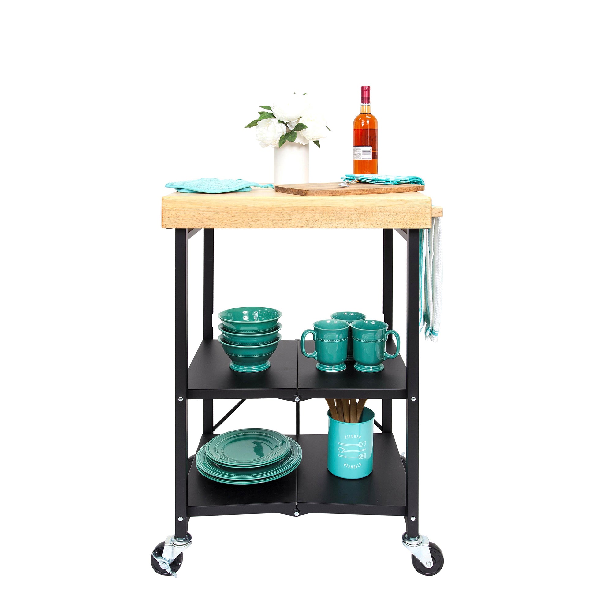 Origami Foldable Wheeled Solid Wood Top Kitchen Island Bar Cart, Black (Used) - VMInnovations