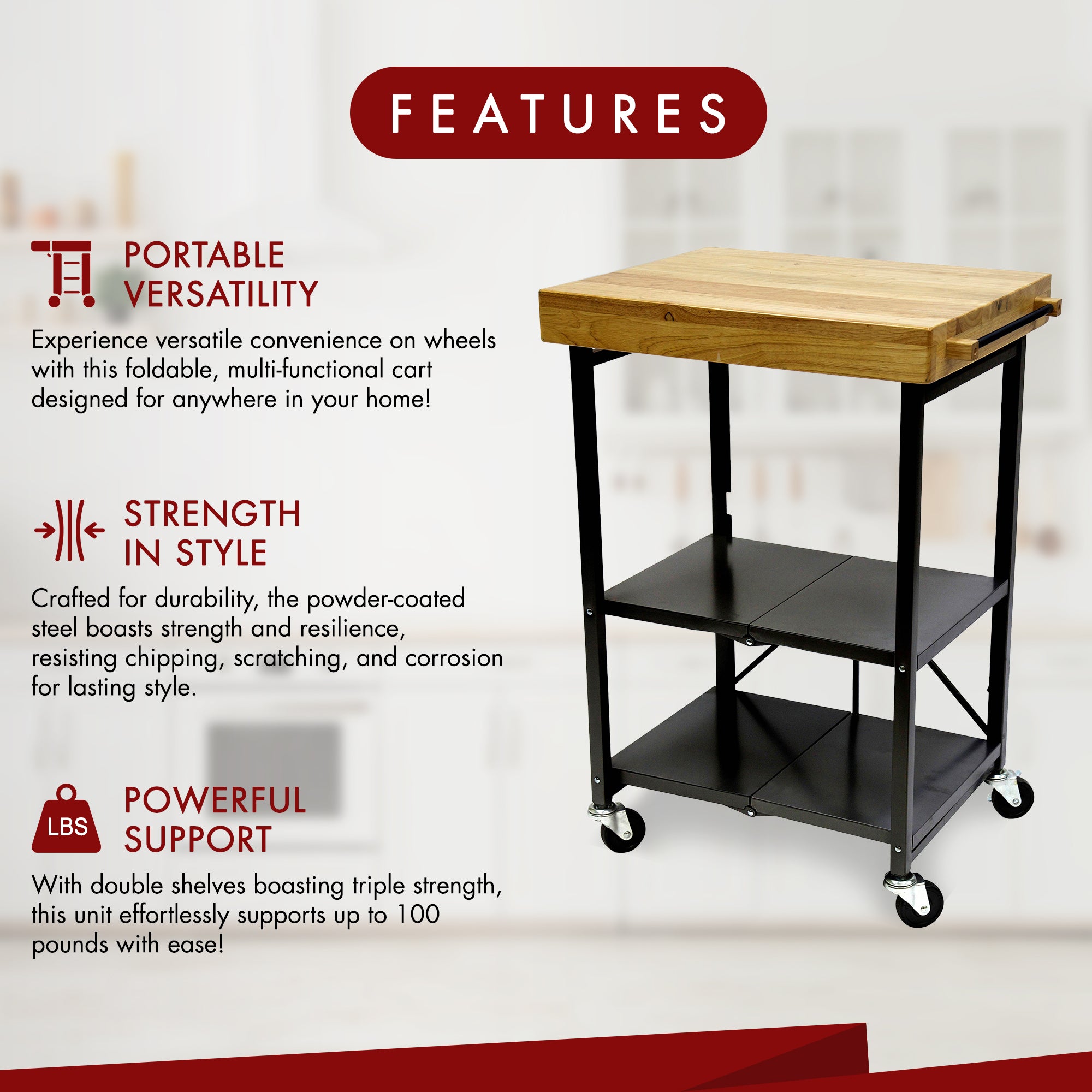 Origami Foldable Wheeled Solid Wood Top Kitchen Island Bar Cart, Black (Used) - VMInnovations