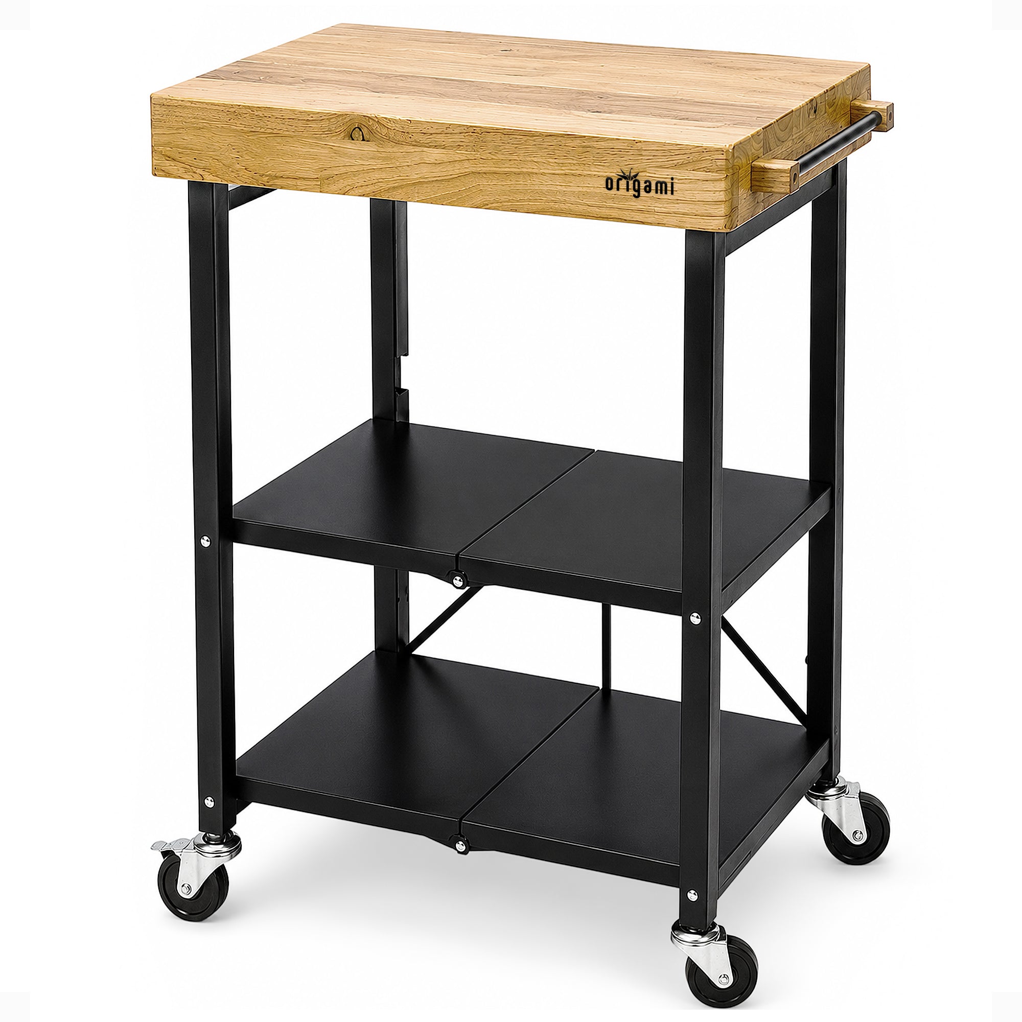 Origami Foldable Wheeled Portable Solid Wood Top Kitchen Island Bar Cart, Black - VMInnovations