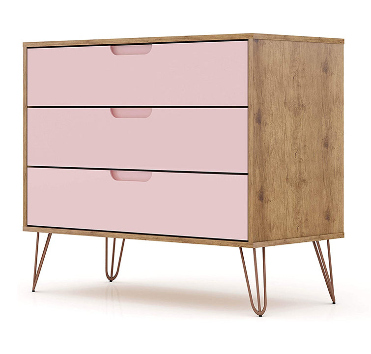 Manhattan Comfort Rockefeller Modern 3 Drawer Storage Dresser, Pink (Open Box)