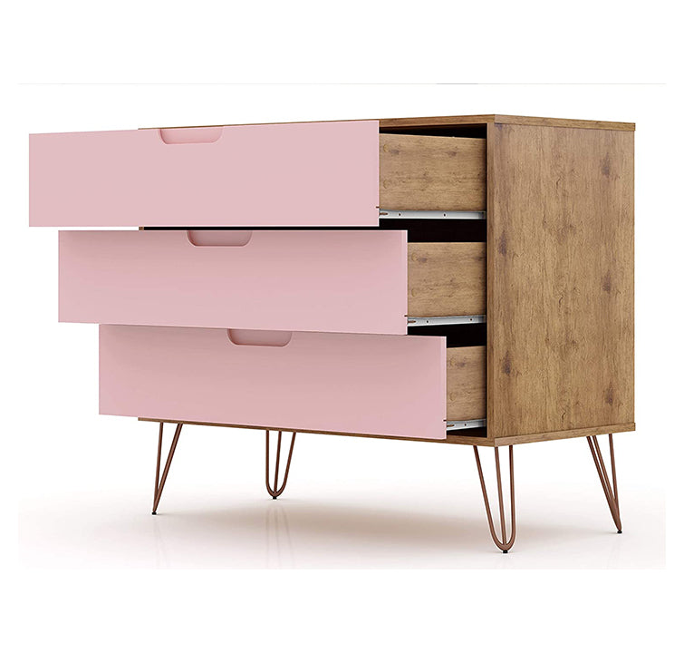 Manhattan Comfort Rockefeller Modern 3 Drawer Storage Dresser, Pink (Open Box)