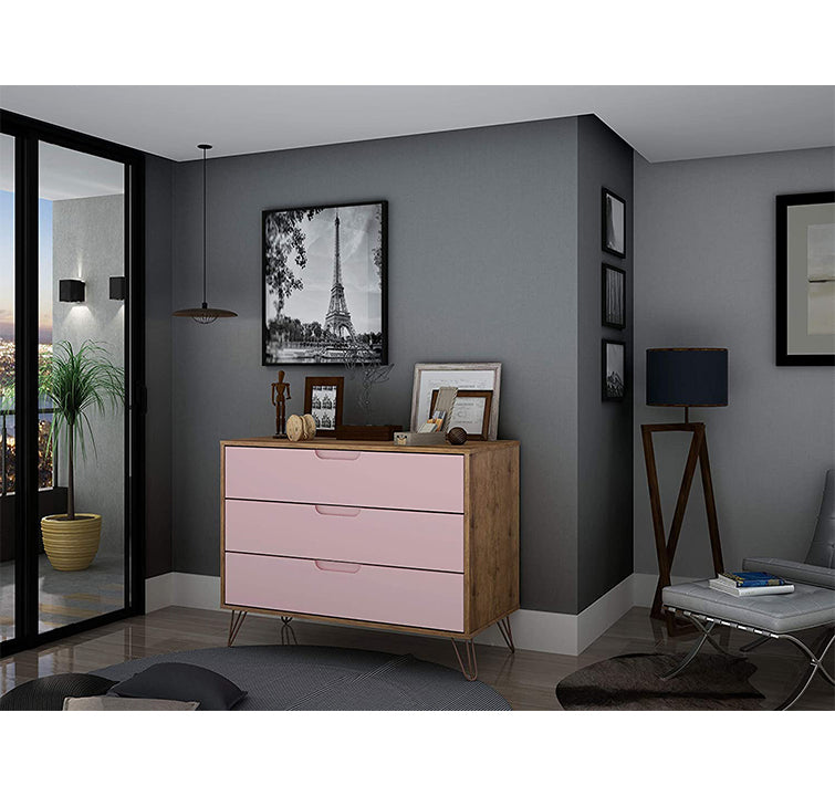 Manhattan Comfort Rockefeller Modern 3 Drawer Storage Dresser, Pink (Open Box)