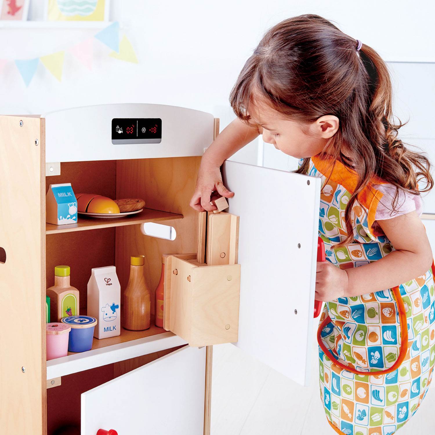 Hape Cabinet Style Wooden Fridge Freezer Play Kitchen w/ Ice Dispenser, White - VMInnovations
