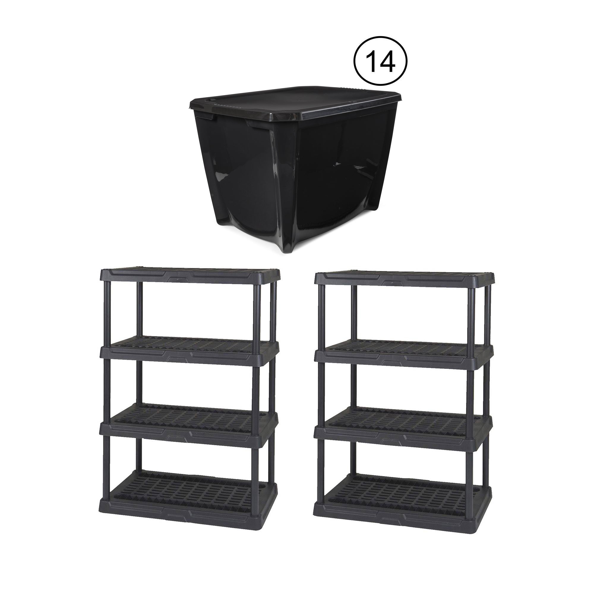 Contico 4-Tier Resin Outdoor Storage Shelf (2) + Latching 20 Gallon Tote (14)