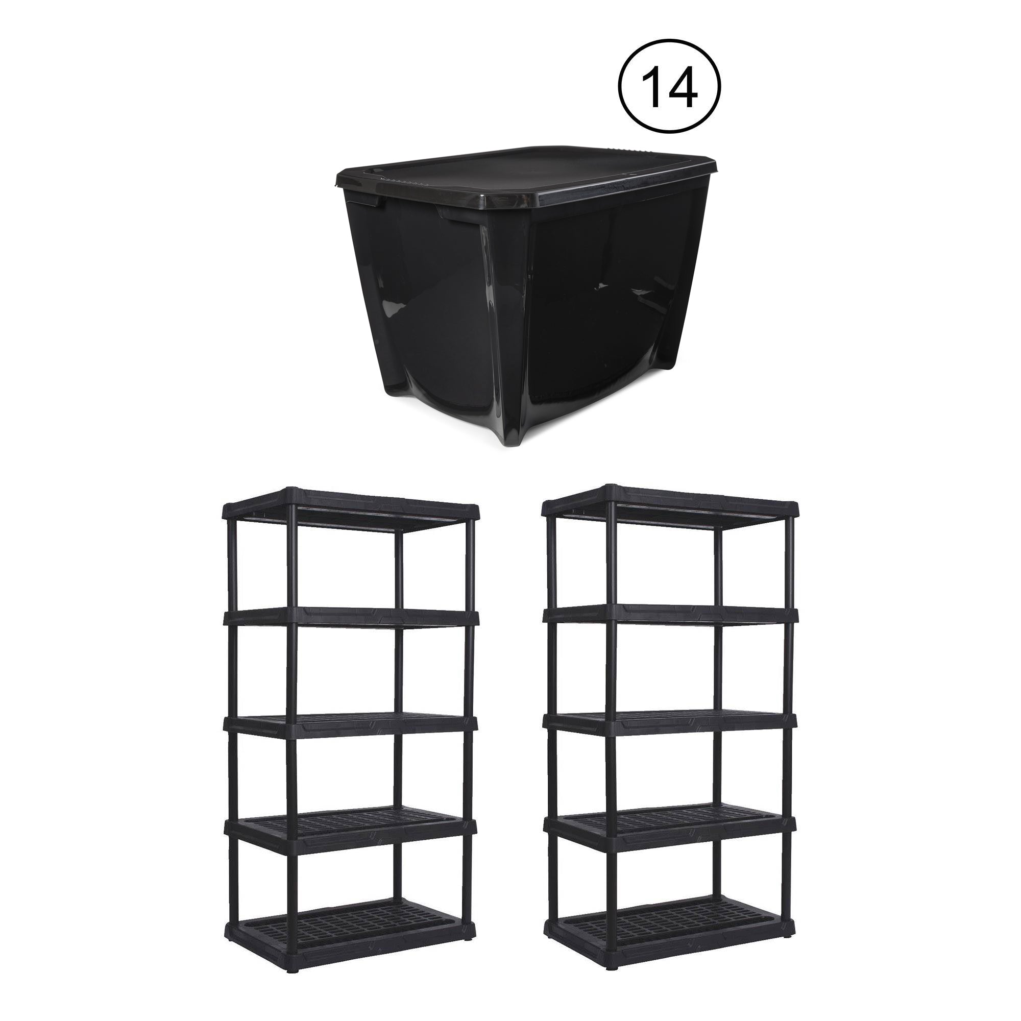 Contico 5 Tier Outdoor Storage Shelf (2) & Life Story 20 Gal Storage Tote (14)