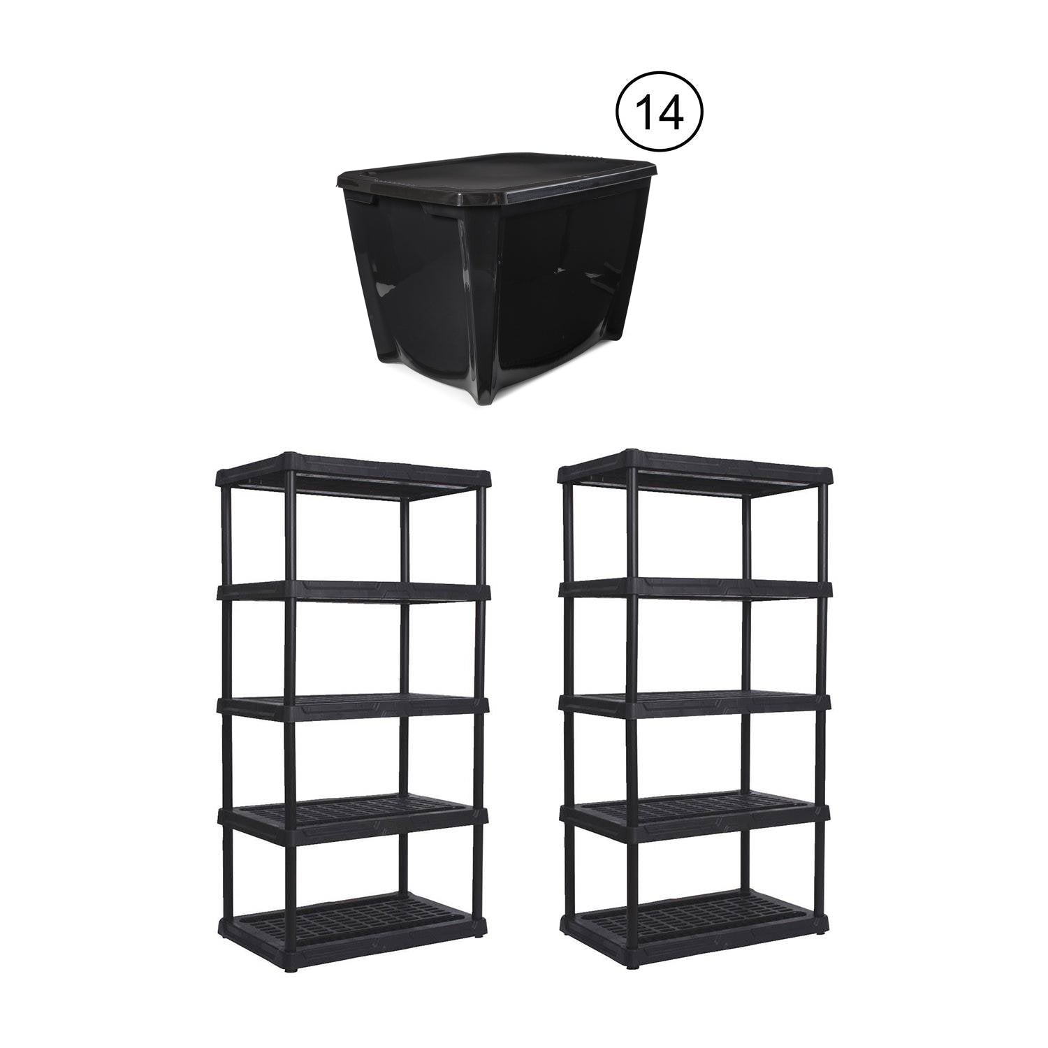 Contico 5-Tier Outdoor Storage Shelf (2) + Life Story 20 Gal Storage Tote (14)