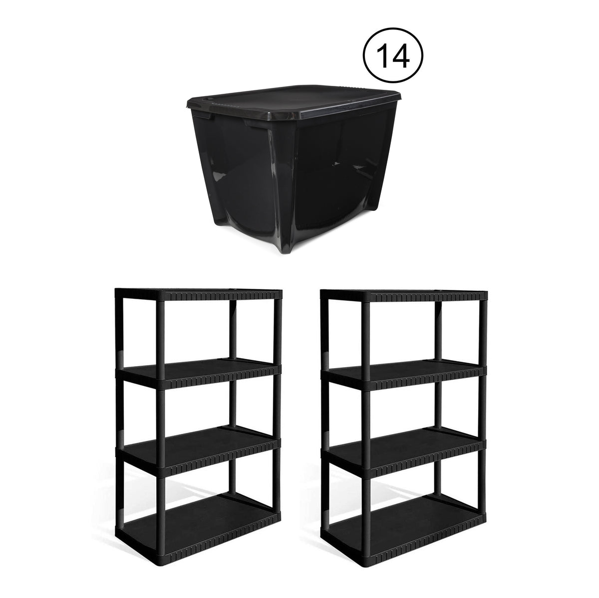 Contico 4-Tier Garage Storage Shelf (2) + Life Story 20 Gal Storage Tote (14)