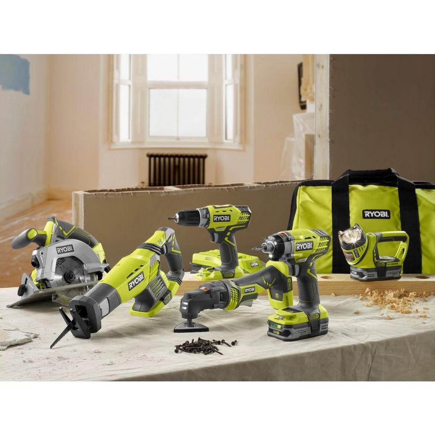 Ryobi ONE+ 18V Li Ion 6 Pc Drill Driver & Saw Combo Kit (Certified Refurbished)