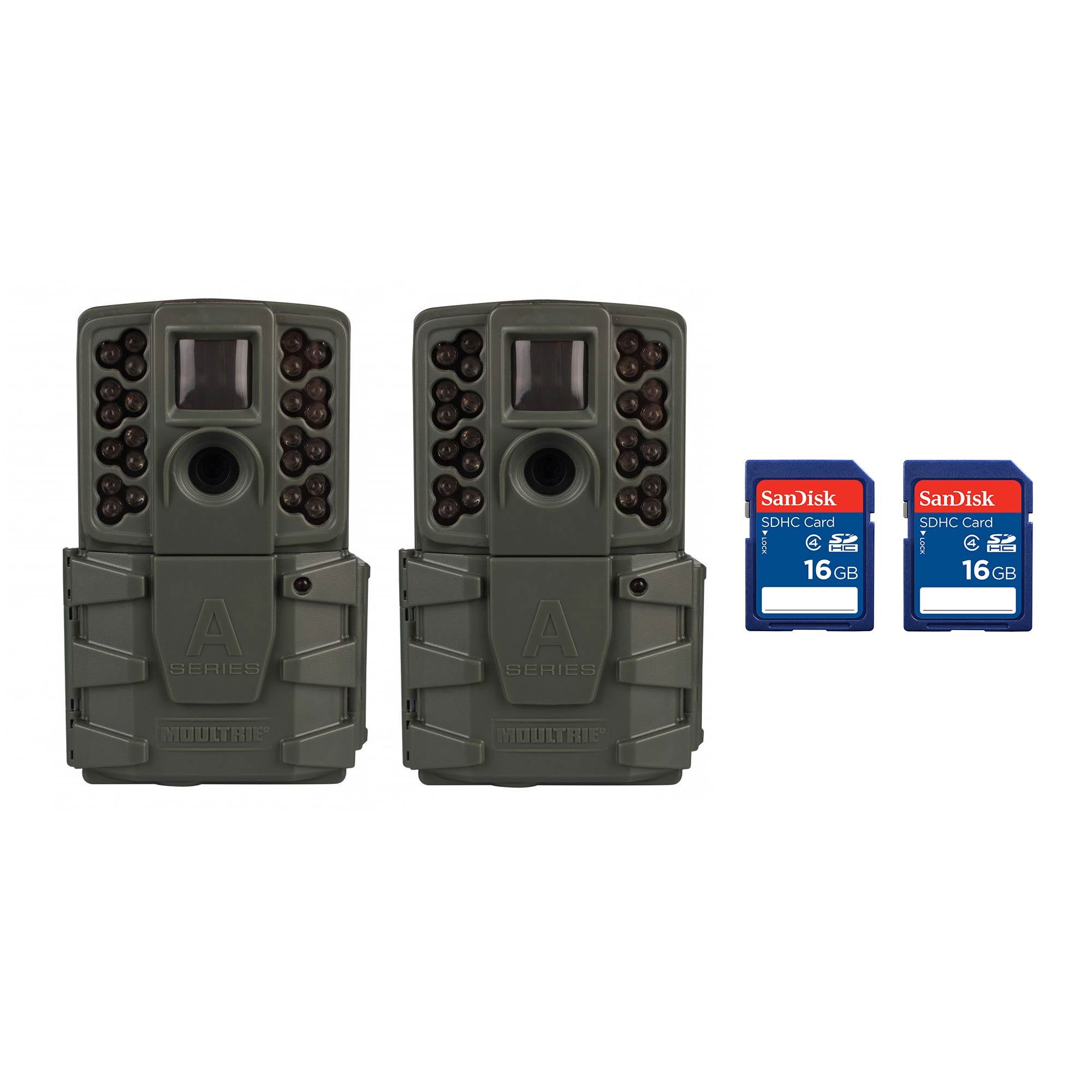 Moultrie A-25i 12MP Infrared Game Trail Cameras (2) + 16GB SD Memory Cards (2)